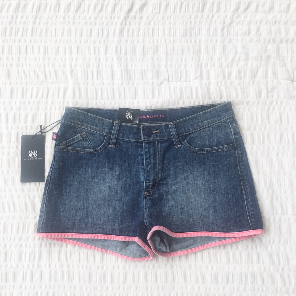 Rock & Republic Dark Wash Denim Jean Shorts with Pink Trim